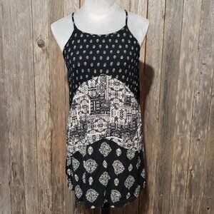 Xhilaration L Juniors Dress Mini Swing Slip Black White Halter Medallion Large